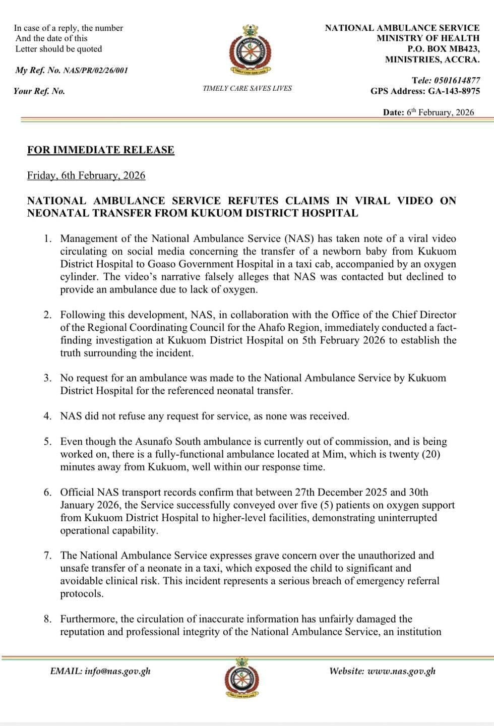 🚨🚨PRESS RELEASE REFUTING CLAIMS IN VIRAL VIDEO ON NEONATAL TRANSFER FROM KUKUOM DISTRICT HOSPITAL.