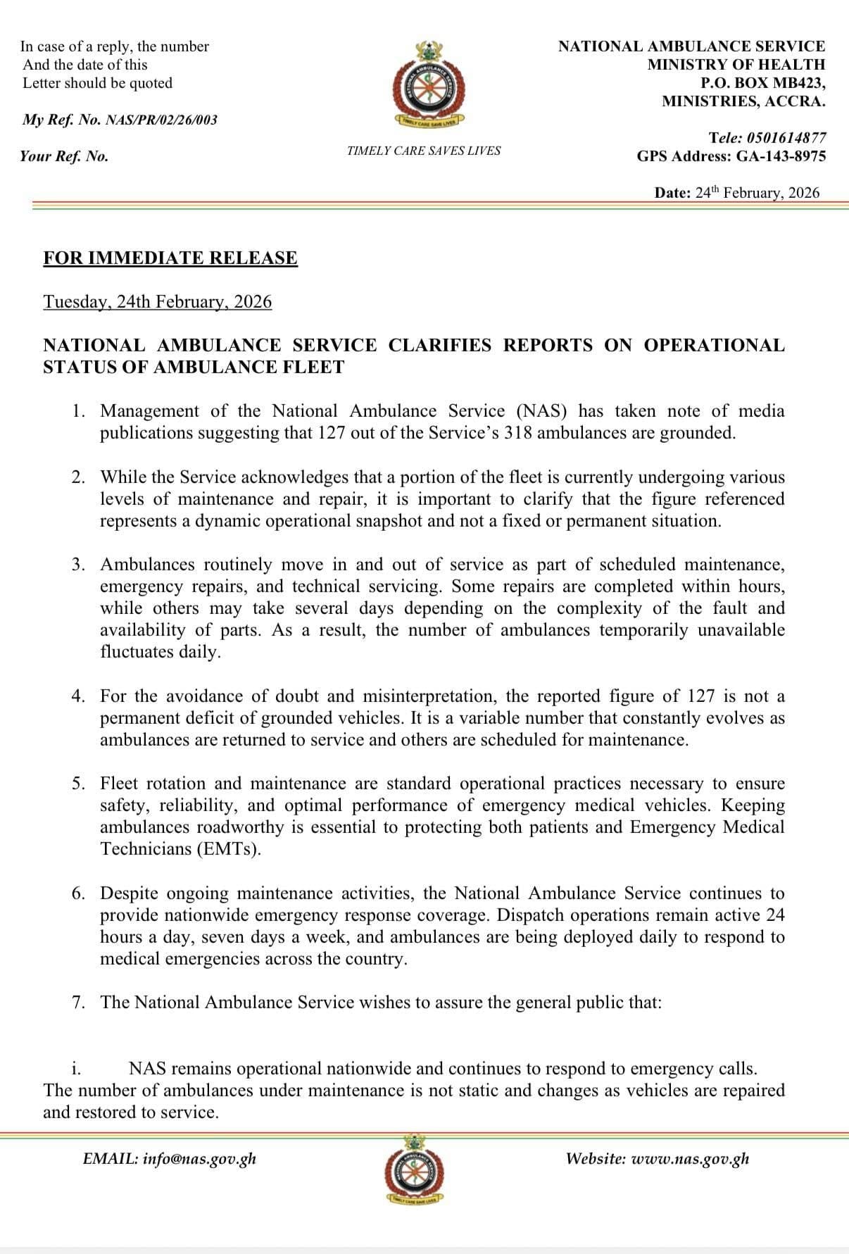 🚨🚨NAS CLARIFIES REPORTS ON OPERATIONAL STATUS OF AMBULANCE FLEET.