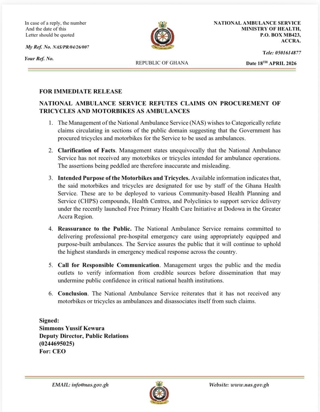 🚨🚨 NATIONAL AMBULANCE SERVICE REFUTES CLAIMS ON PROCUREMENT OF TRICYCLES AND MOTORBIKES AS AMBULANCES