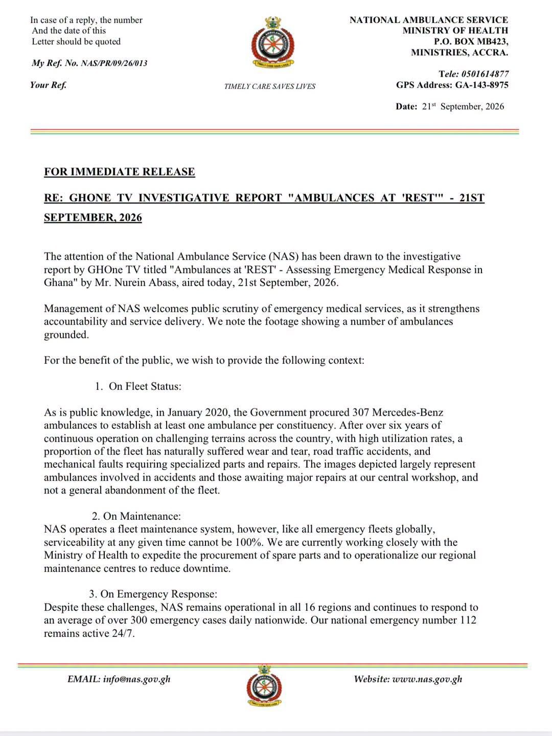 FOR IMMEDIATE RELEASE- Response to GHOne TV Investigative Report