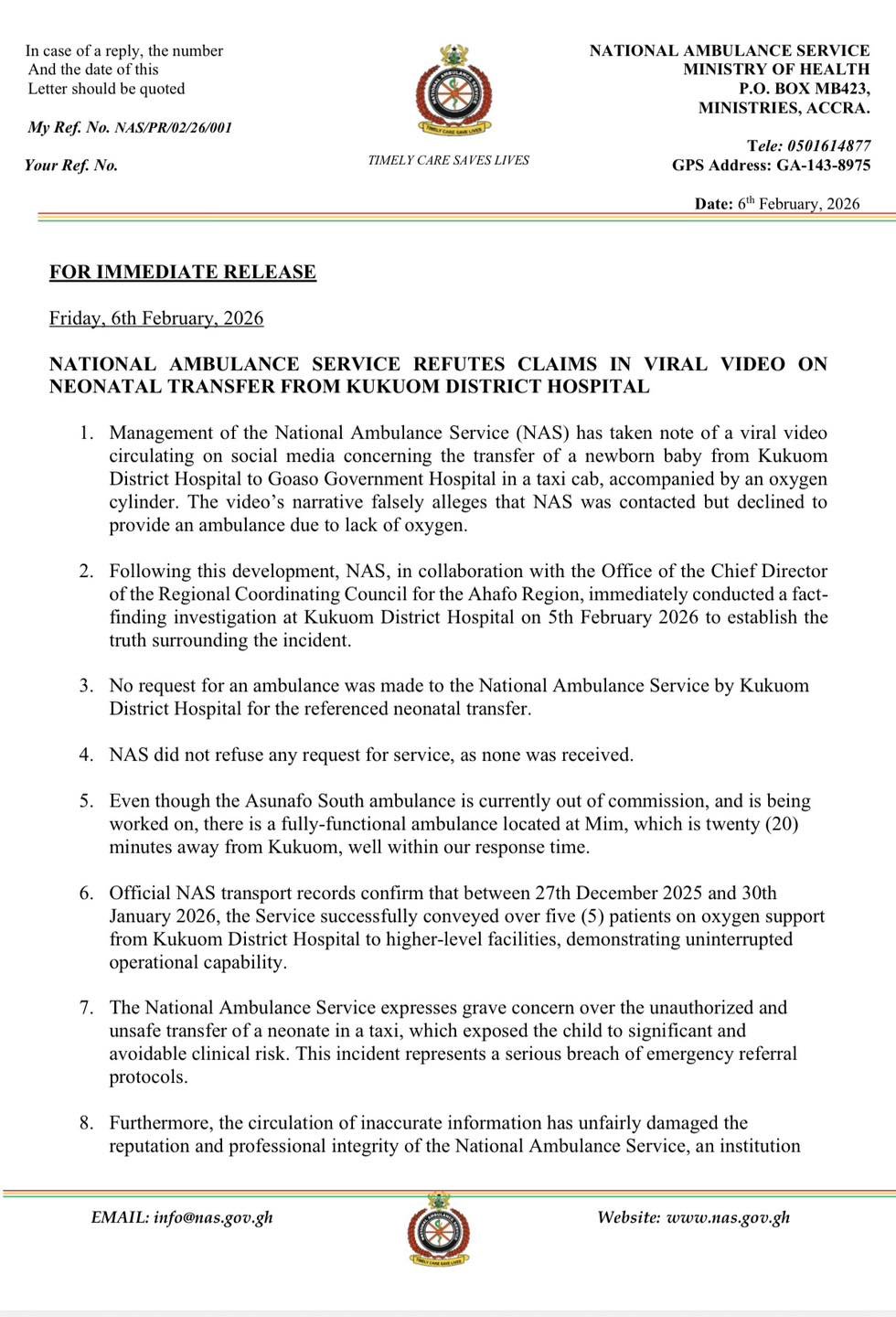 PRESS RELEASE REFUTING CLAIMS IN VIRAL VIDEO ON NEONATAL TRANSFER FROM KUKUOM DISTRICT HOSPITAL.