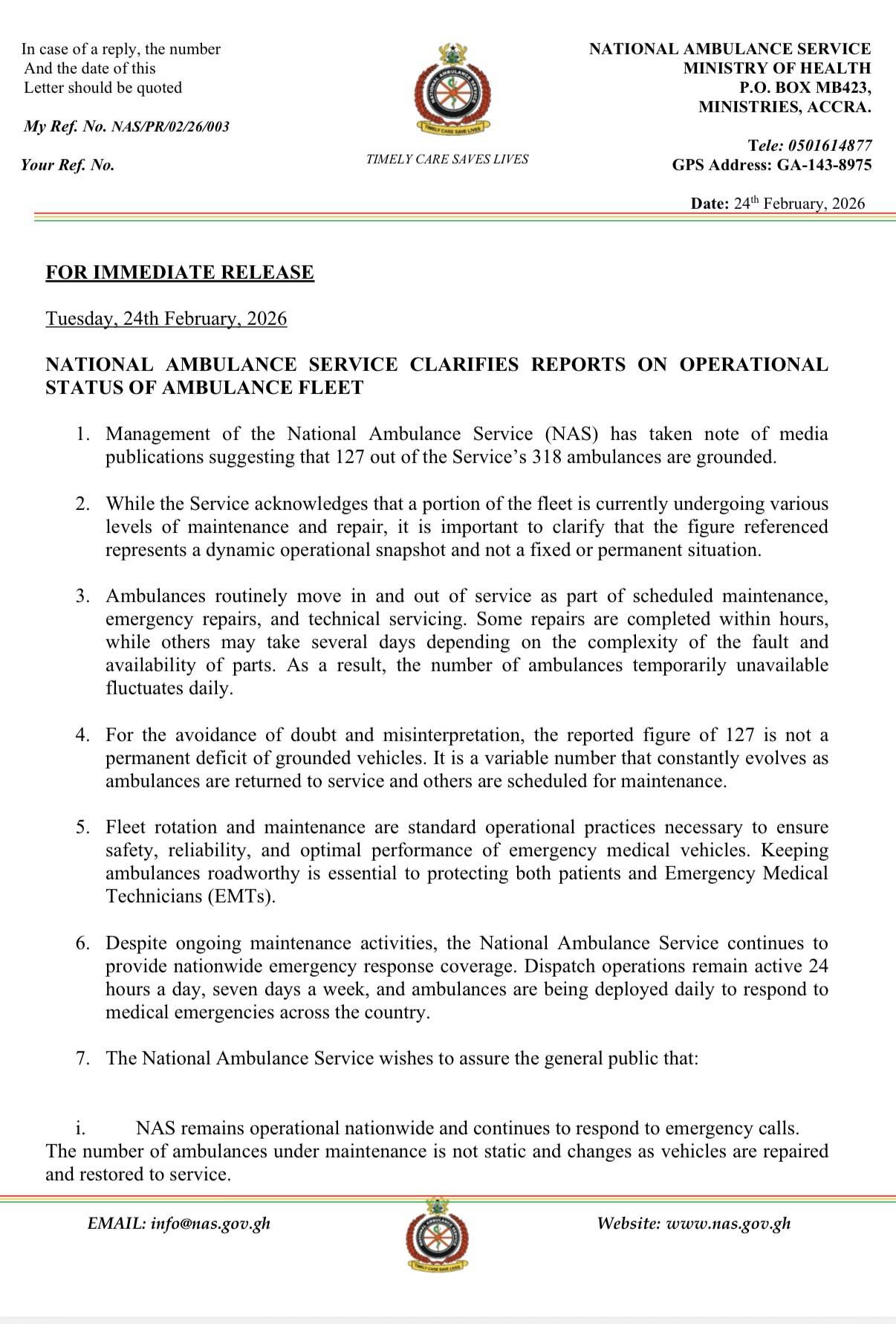 🚨🚨NAS CLARIFIES REPORTS ON OPERATIONAL STATUS OF AMBULANCE FLEET.