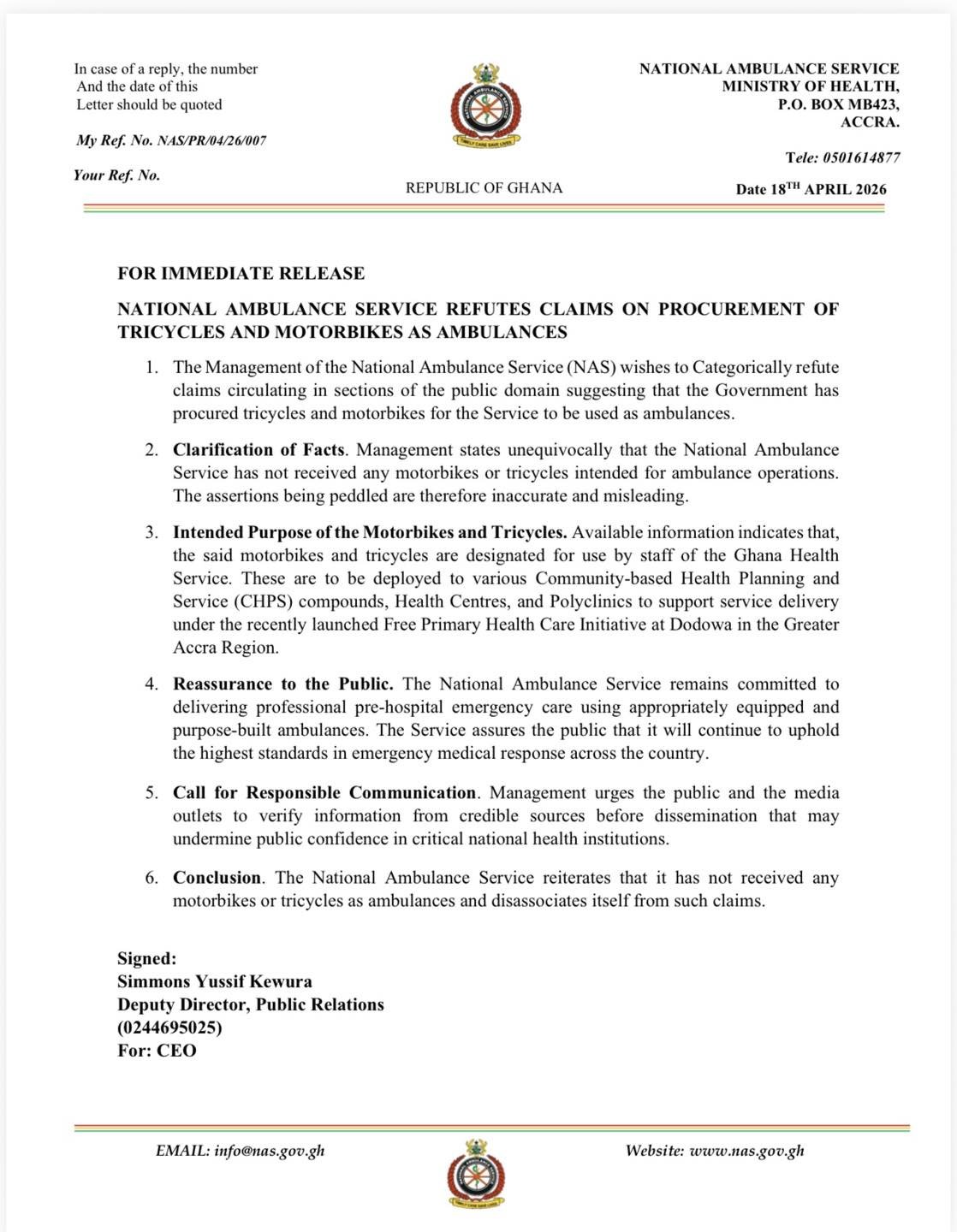🚨🚨 NATIONAL AMBULANCE SERVICE REFUTES CLAIMS ON PROCUREMENT OF TRICYCLES AND MOTORBIKES AS AMBULANCES